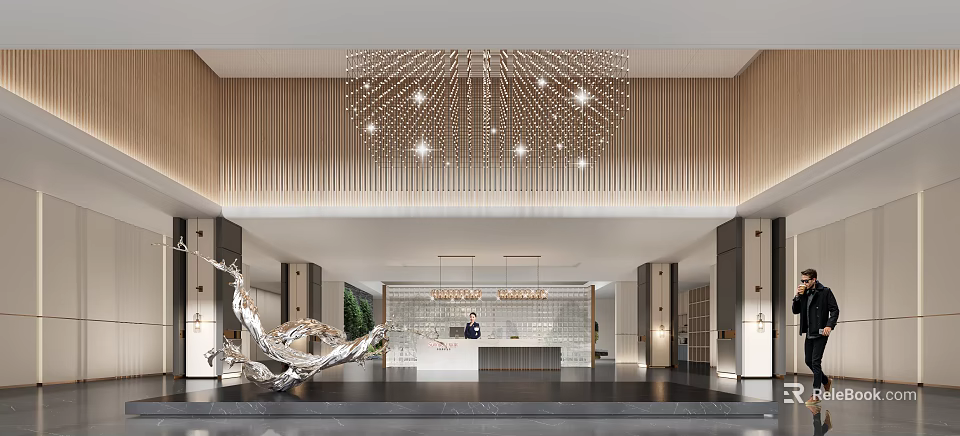Modern Reception Desk Area With Wooden Panel Walls Crystal Chandelier And Marble Countertop 3d model 