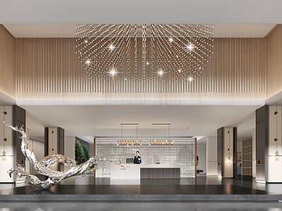 Modern Reception Desk Area With Wooden Panel Walls Crystal Chandelier And Marble Countertop 3d model