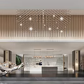 Modern Reception Desk Area With Wooden Panel Walls Crystal Chandelier And Marble Countertop