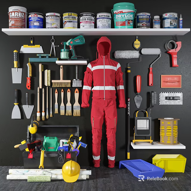 Hardware Tools Organized in Workshop with Shelves Including Brushes Shovels Drills Wrenches and Safety Gear 3d model 