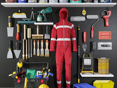 Hardware Tools Organized in Workshop with Shelves Including Brushes Shovels Drills Wrenches and Safety Gear 3d model