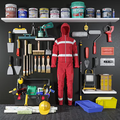 Hardware Tools Organized in Workshop with Shelves Including Brushes Shovels Drills Wrenches and Safety Gear 3d model