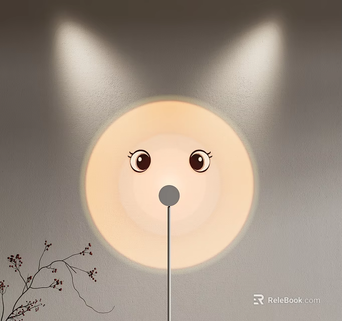 Cute Cartoon Face Floor Lamp With Round Lampshade Warm Light Gray Wall And Plant Branch 3d model 