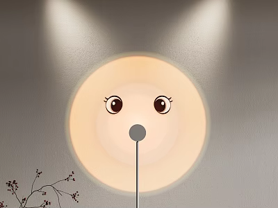 Cute Cartoon Face Floor Lamp With Round Lampshade Warm Light Gray Wall And Plant Branch 3d model