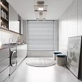 Modern Minimalist Kitchen With White Cabinetry Washing Machine Window Blinds Pendant Chandelier And Small Stools