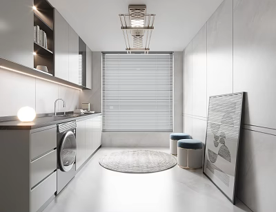 Modern Minimalist Kitchen With White Cabinetry Washing Machine Window Blinds Pendant Chandelier And Small Stools 3d model