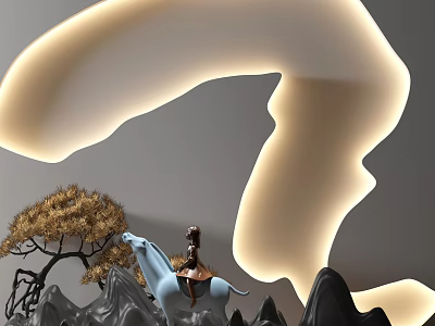 Modern Decorative Ornament Set With Curved Glowing Light Golden Leaf Tree And Blue Horse Figure 3d model