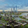 Detailed Aerial Planning of Urban Cityscape with River Skyscrapers Bridge and Green Spaces