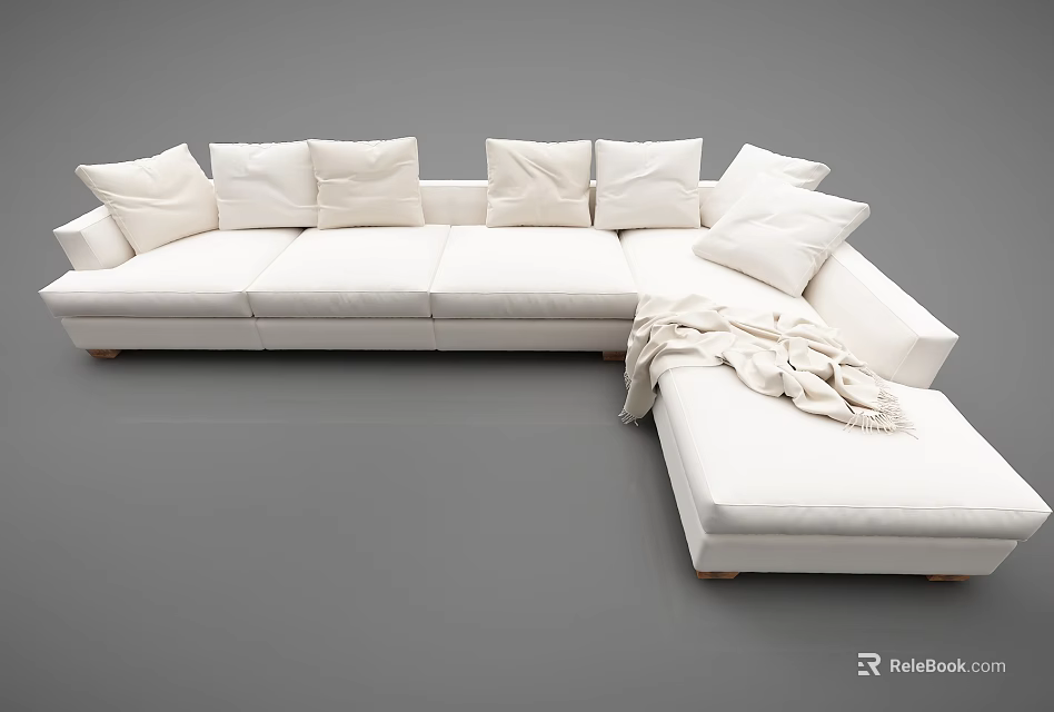 White L Shaped Sectional Sofa With Multiple Soft Cushions And Ottoman Throw Blanket 3d model