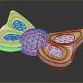 Playful Cartoon Scene With Bow Shaped Object Orange Blue Stripes And Net Like Sphere