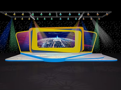Modern Stage Design Featuring Large Screen Urban View Colorful Lighting And Starry Background 3d model