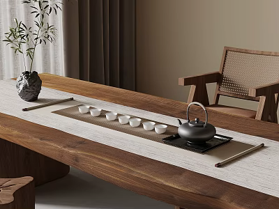 Natural Style Tea Table Setting With Wooden Long Table Teapot Tea Cups And Wicker Chair 3d model