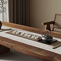 Natural Style Tea Table Setting With Wooden Long Table Teapot Tea Cups And Wicker Chair