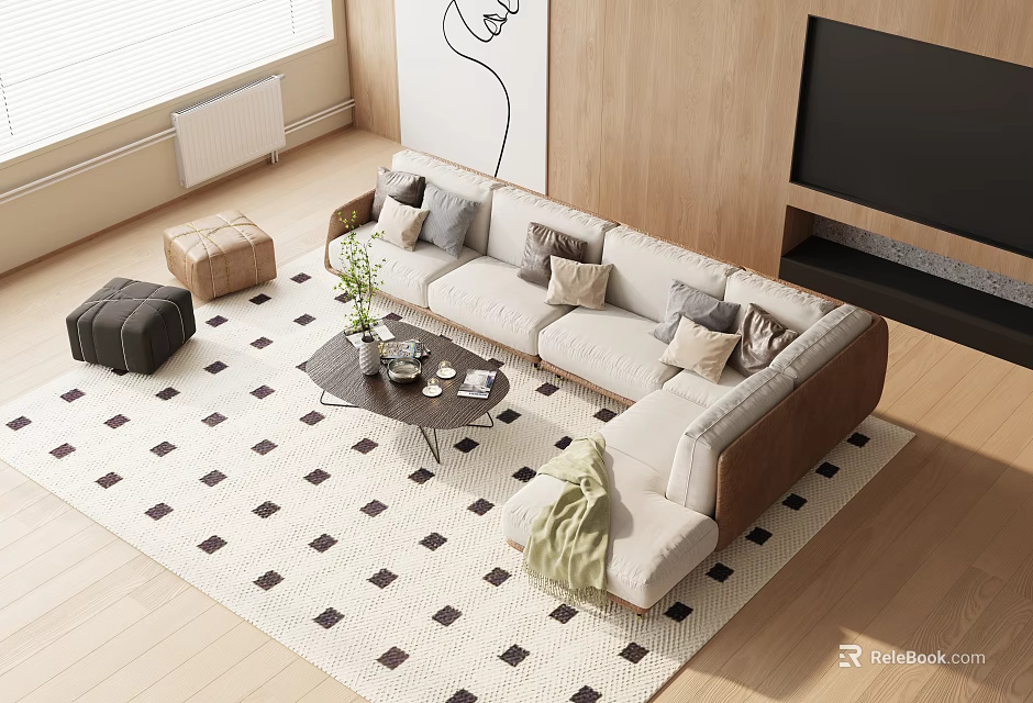 Modern Living Room Interior With L Shaped Sofa Black White Diamond Rug And Coffee Table 3d model 