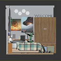 Cozy Small Room Interior With Checkered Bed Desk Computer Curtains Wooden Cabinet And Green Plants