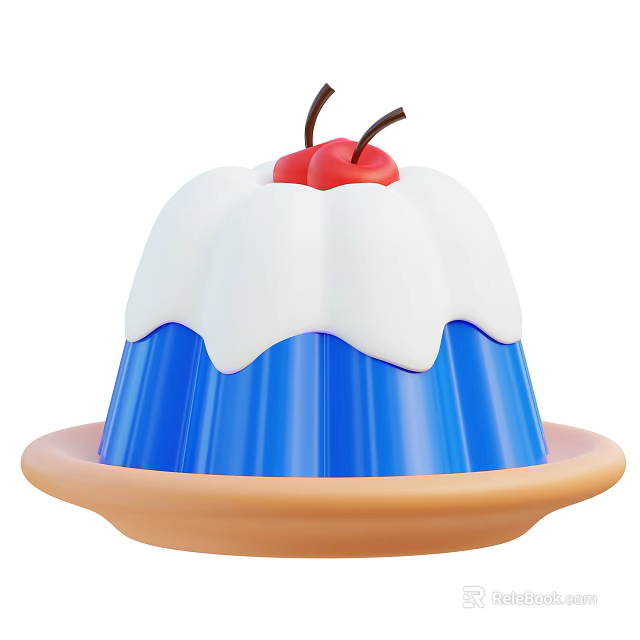 Blue Jelly Dessert With White Creamy Top Topped With Red Cherries On Light Brown Plate 3d model 