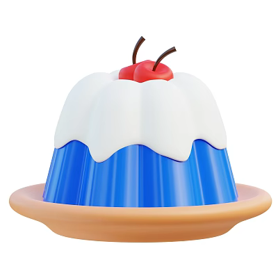Blue Jelly Dessert With White Creamy Top Topped With Red Cherries On Light Brown Plate 3d model