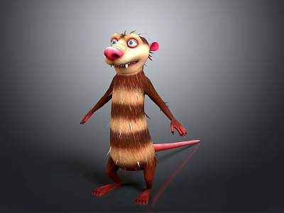 Cartoon Brown Beige Striped Rodent Character With Sharp Teeth Pink Nose Big Eyes Red Paws 3d model