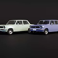 Vintage Two Cars With Light Green Sedan And Purple Wagon Design