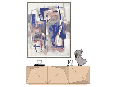 Modern Abstract Painting On Wall Above Geometric Cabinet With Sculpture Lamp And Vase 3d model
