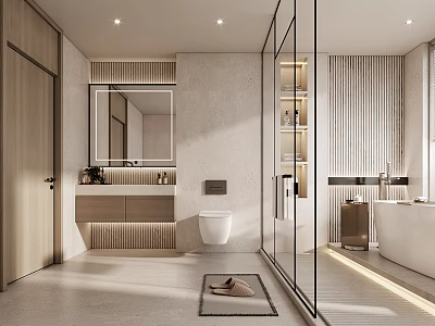 Modern Bathroom Interior Design With Glass Shower Enclosure Vanity Toilet Bathtub And Wooden Elements 3d model