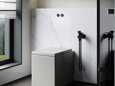 Modern Toilet In Bathroom With Marble Wall And Black Faucet Sleek Design 3d model
