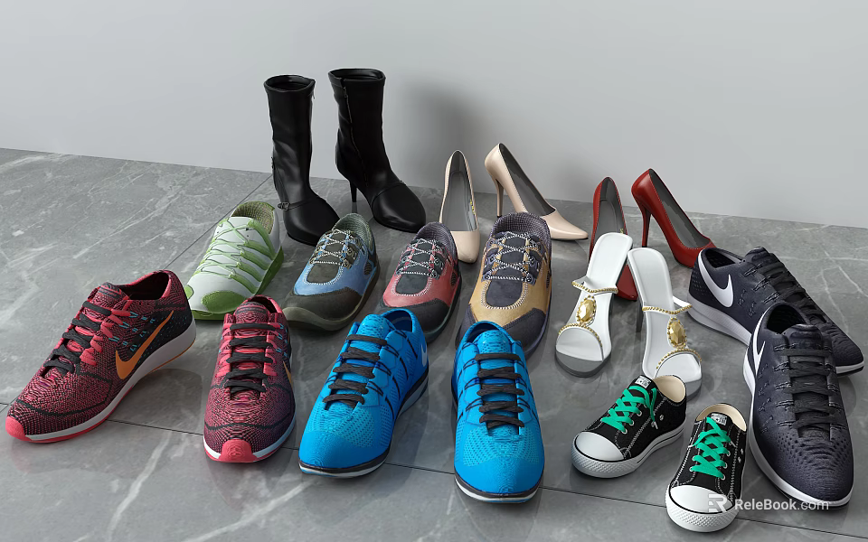 Various Styles Of Shoes With Sneakers High Heels Boots And Fashionable Designs 3d model 
