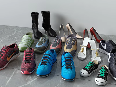 Various Styles Of Shoes With Sneakers High Heels Boots And Fashionable Designs 3d model