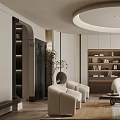 Modern Living Room With Beige Curved Sofa Round Coffee Table Bookshelf Wall And Green Plants