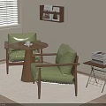 Modern Round Wooden Negotiation Table with Green Chairs in Interior with Bookshelf Magazines and Lamp
