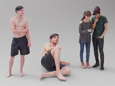 Group of Young People with Shirtless Individuals Standing Sitting and Interacting on Gray Background 3d model