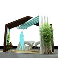 Greenland Exhibition Booth Design With Roof Structure Reception Desk And Plants Standee