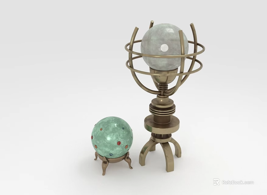 Decorative Home Ornament Set With Metal Stand Green Sphere And Marble Globe 3d model 