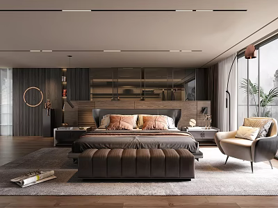 Modern Bedroom Interior Design With Large Bed Leather Bench And Wooden Floor 3d model