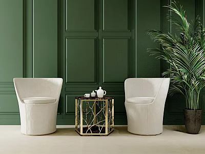 Leisure Sofa Set With White Armchairs Golden Coffee Table Against Green Wall And Potted Plant 3d model