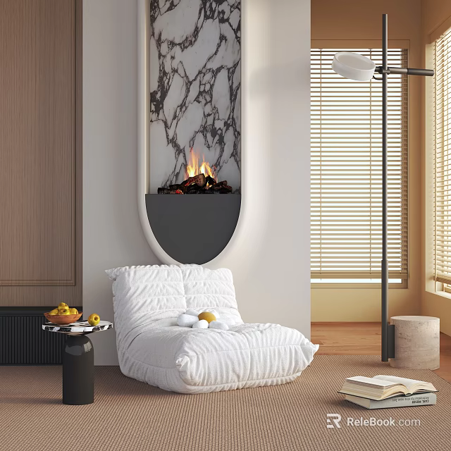 Cozy White Plush Lounge Chair with Fireplace Side Table Fruits and Books Near Window Blinds 3d model 