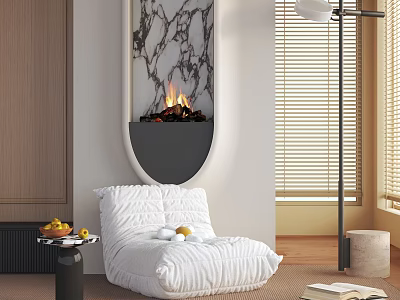 Cozy White Plush Lounge Chair with Fireplace Side Table Fruits and Books Near Window Blinds 3d model
