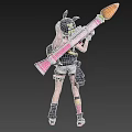 Woman With Rabbit Ears Holding Carrot Weapon In Black Top White Shorts Against Pink Background