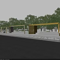 Yellow Modern Canopy with Columns Surrounded by Green Trees and Paved Ground