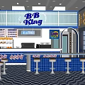 B B King Bubble Tea Shop Interior With Blue Theme Bar Counter And Yellow Stools 3d model