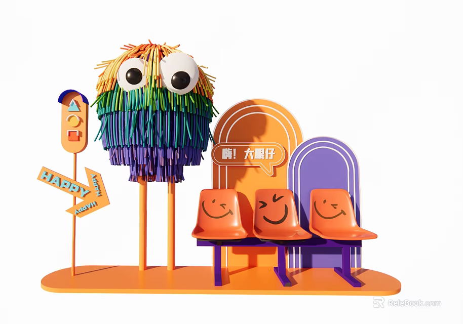 Colorful Furry Monster Head And Orange Smiling Seats For 6th Anniversary Decorations 3d model 