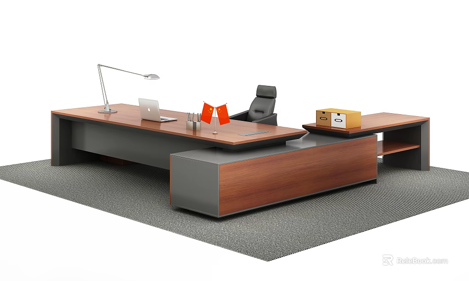 Modern Office Desk With Wooden Top Metal Frame Desk Lamp Laptop And Ergonomic Chair 3d model 