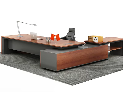 Modern Office Desk With Wooden Top Metal Frame Desk Lamp Laptop And Ergonomic Chair 3d model