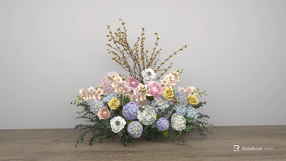 Floral Display With Mixed Pink White Purple Yellow Flowers And Greenery On Wooden Surface 3d model 