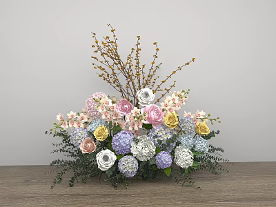 Floral Display With Mixed Pink White Purple Yellow Flowers And Greenery On Wooden Surface 3d model