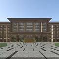 Modern Office Building Exterior With Large Glass Windows Stone Steps And Green Plants