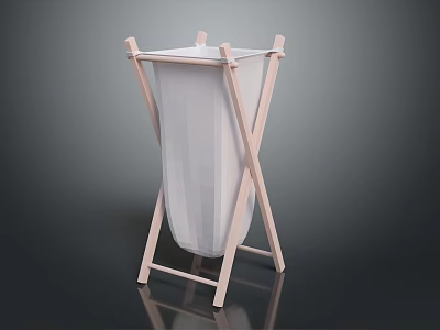Home Use Laundry Basket with X Shaped Wooden Stand and White Fabric Bag 3d model