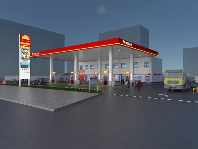 Gas Station Aerial View With Red Yellow Canopy Fuel Pumps And Fuel Truck 3d model