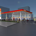 Gas Station Aerial View With Red Yellow Canopy Fuel Pumps And Fuel Truck