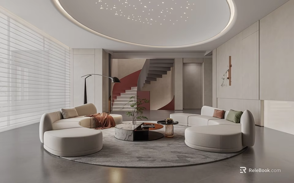 Modern Living Room Interior With Round Sofas Circular Rug Coffee Table Staircase And Ceiling Lighting 3d model